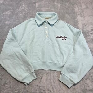 Levi's Women Medium Light Teal Blue Polo Sweatshirt Cropped Embroidered Cursive